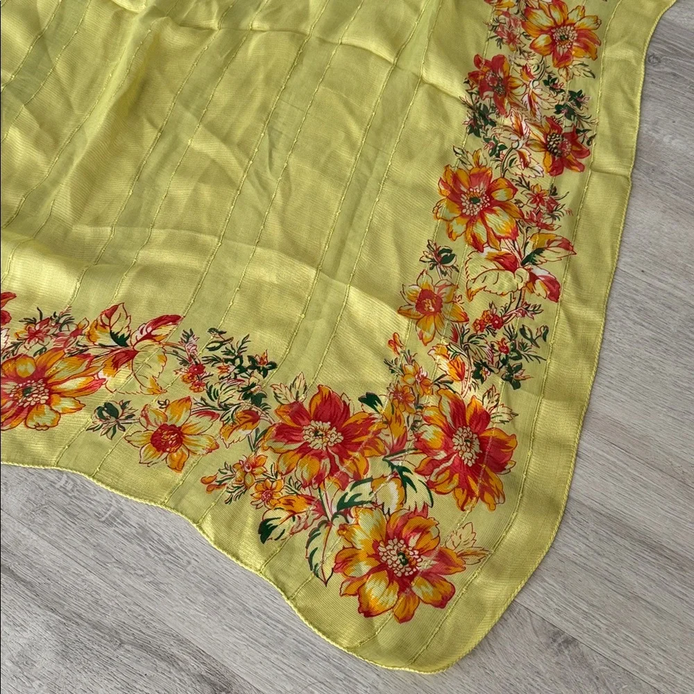 Vintage April Cornell Floral Scarf Lime Green Flower Border 40x40 Large